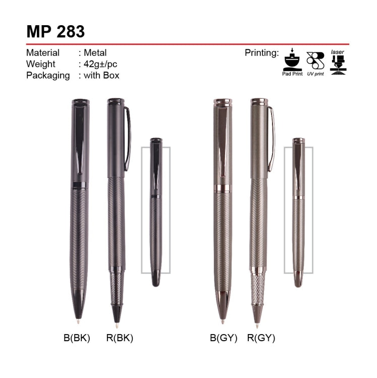 Metallic pen with different color options and specifications on a white background for corporate gift set