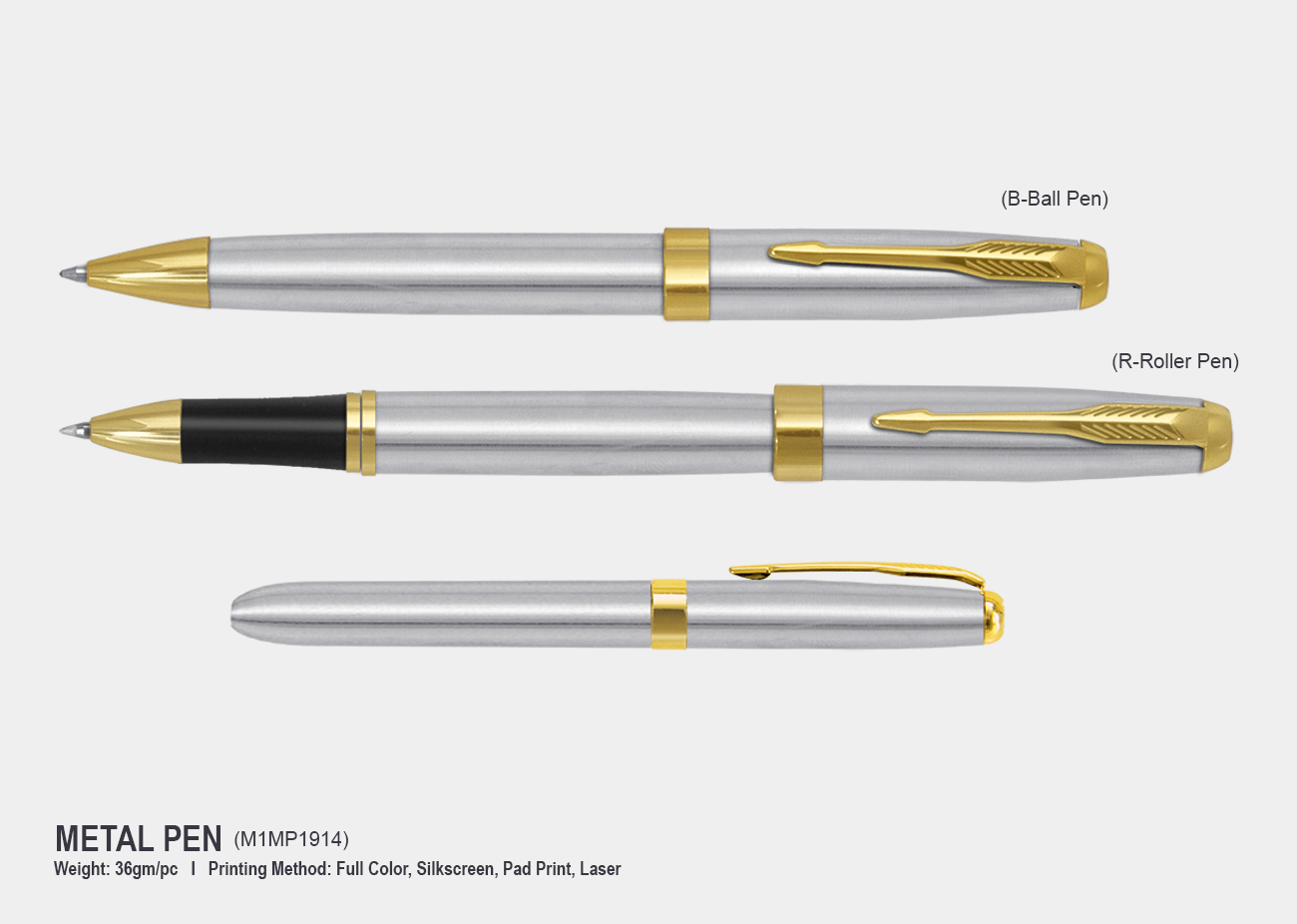 Three metal pens with gold accents on a white background for corporate gifting
