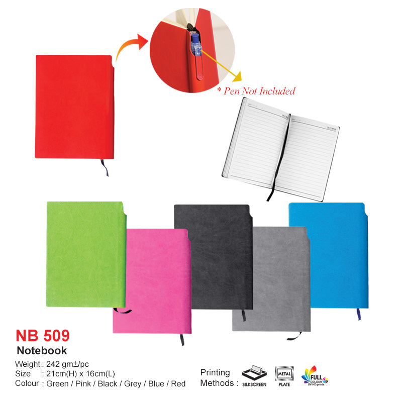 Assorted colorful notebooks with a pen holder and open notebook on a white background