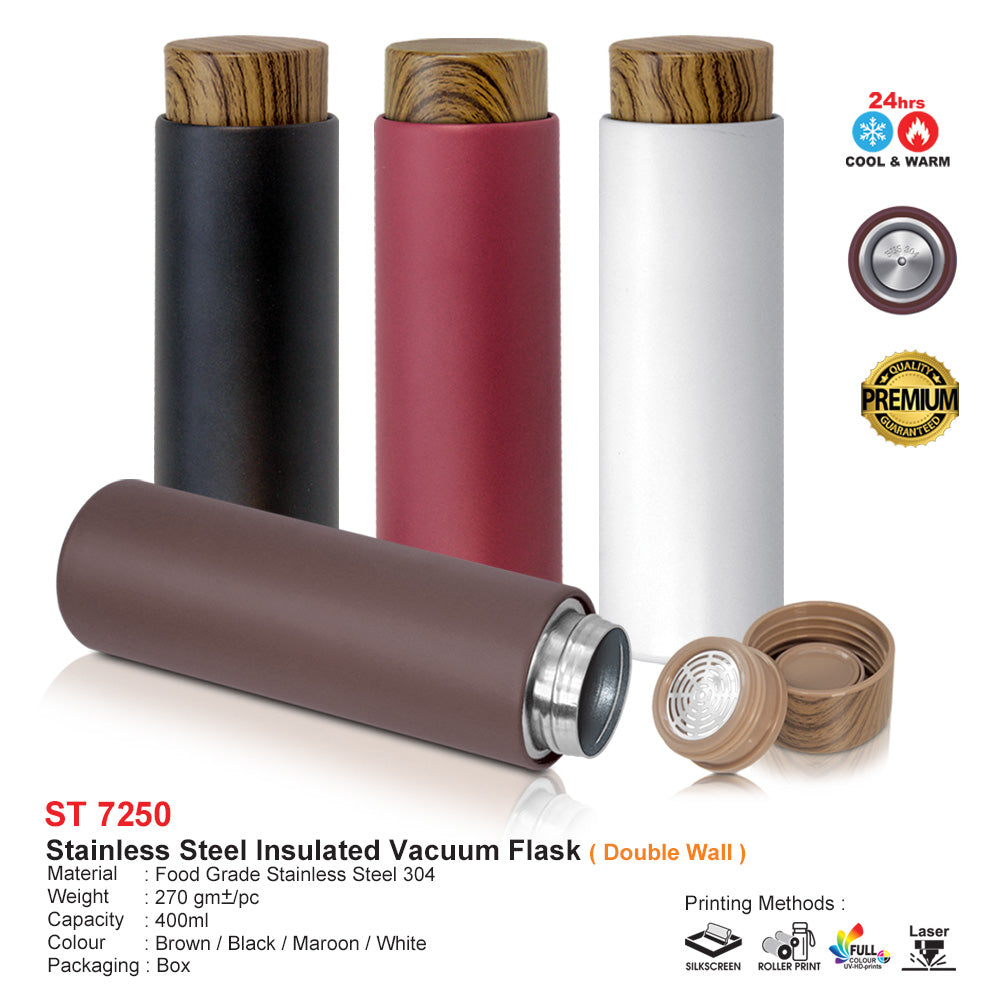 Corpotate gift Set of stainless steel insulated vacuum flasks in various colors with wooden caps on a white background.