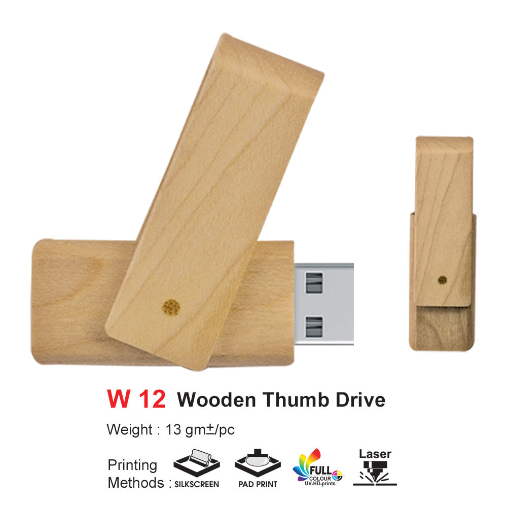 Wooden USB thumb drive with packaging on a white background