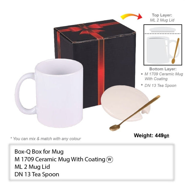 Gift set with a ceramic mug, spoon, and box labeled GBA 1709-3.
