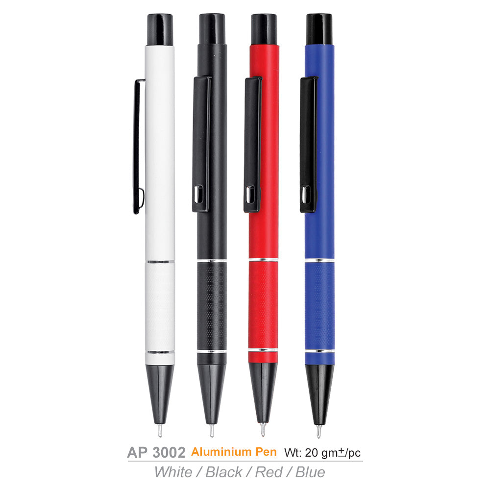 Four Ball pens in white, black, red, and blue on a white background  for seminar gifts