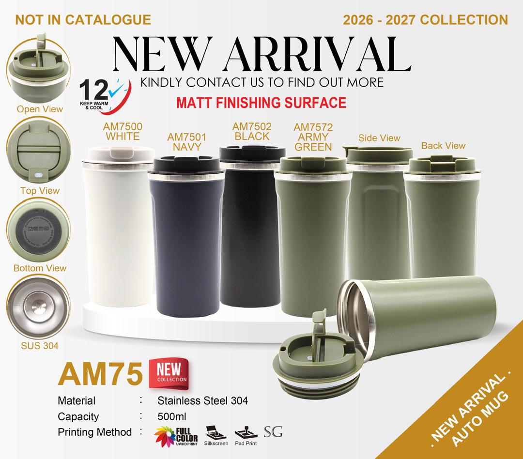 Promotional image of stainless steel auto mugs with various views and color options.