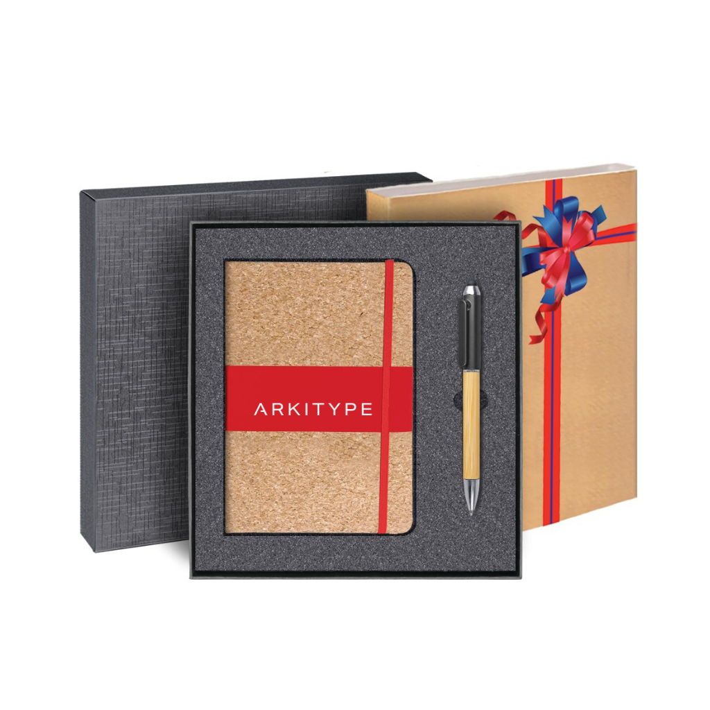 Notebook set with pen and gift box on a white background