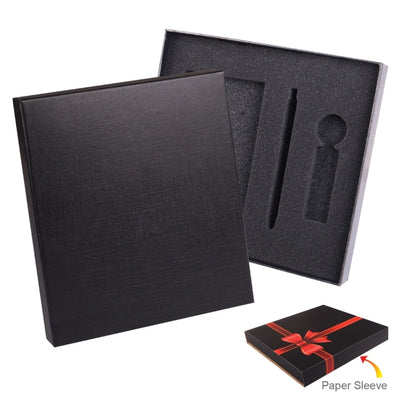 B 29-II Gift Box Packaging Black textured box with a pen holder and paper sleeve on a white background