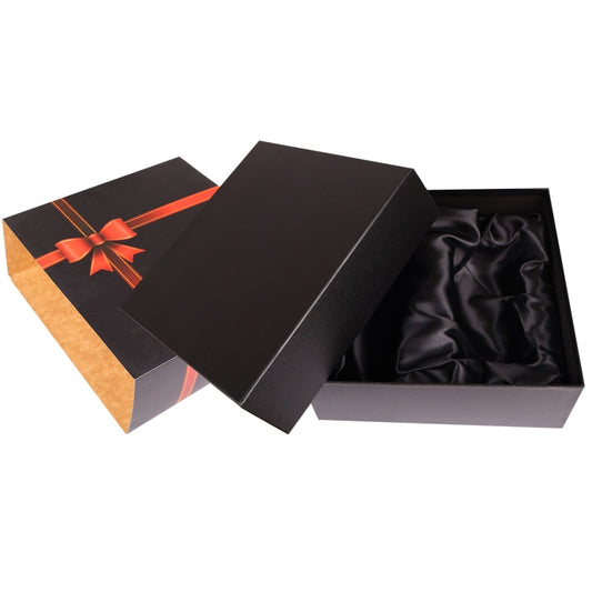 B 33 A/B/C Gift Box Packaging Black gift box with satin bow on a white background