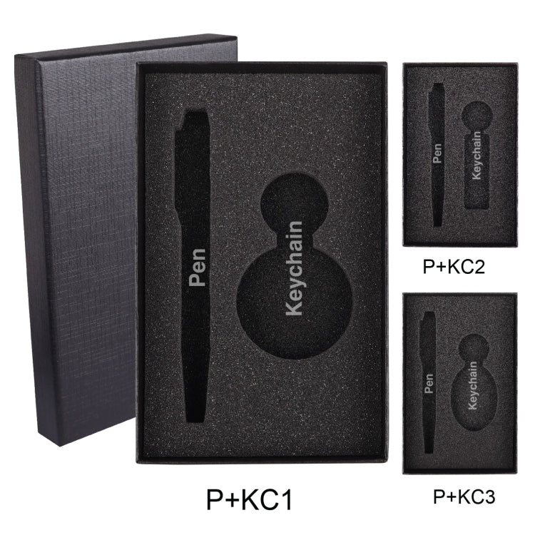B 80 Gift Box Packaging Black foam packaging insert for a pen and keychain with cutouts for each item.