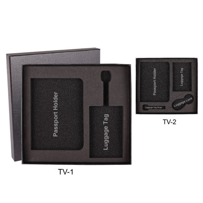 B 81 Gift Box Packaging Black passport holder and luggage tag set with packaging on a white background
