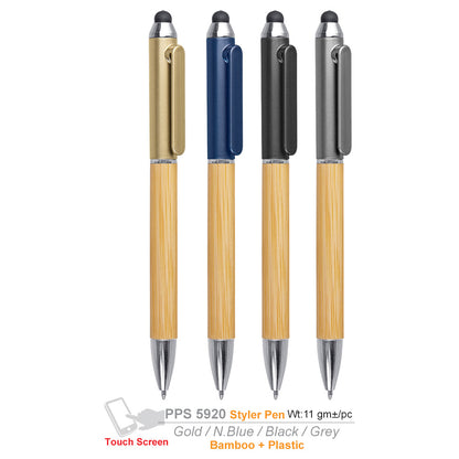 Four bamboo stylus pens in gold, blue, black, and gray on a white background.
