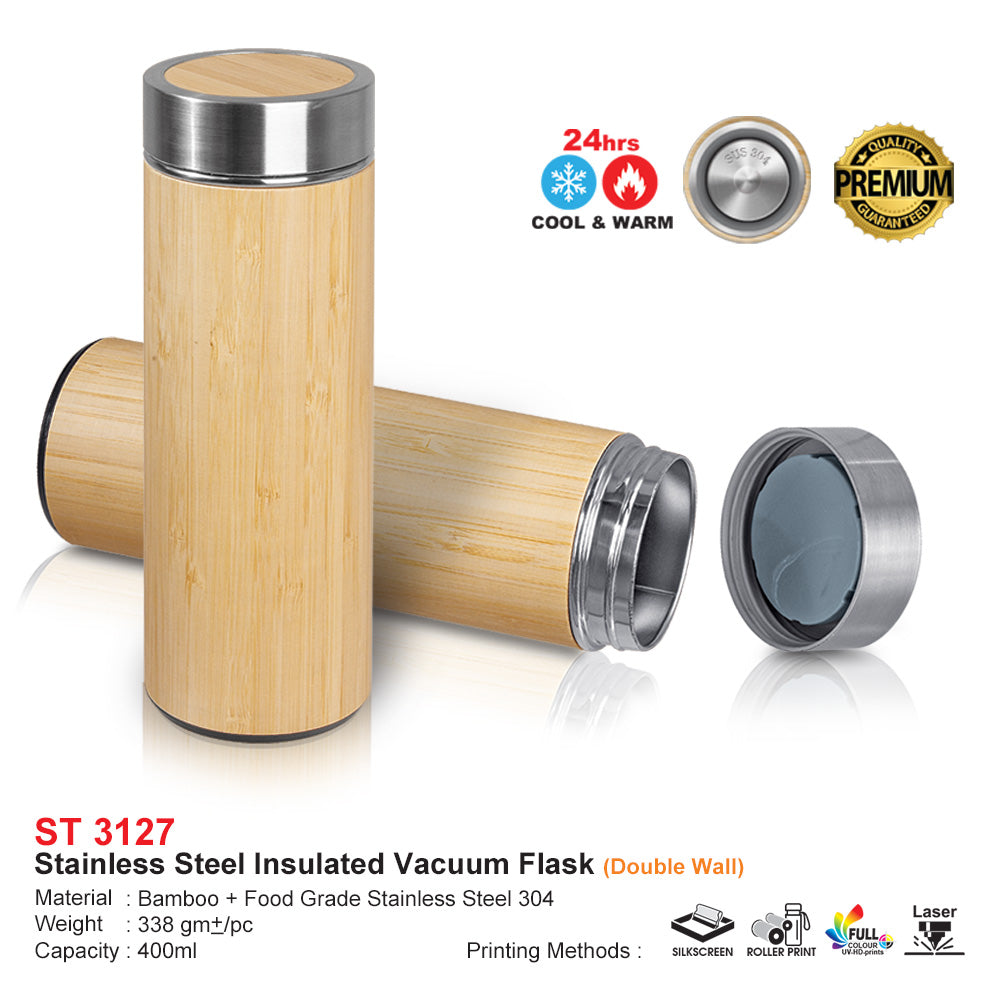 Stainless steel insulated vacuum flask with bamboo design on laser engraving