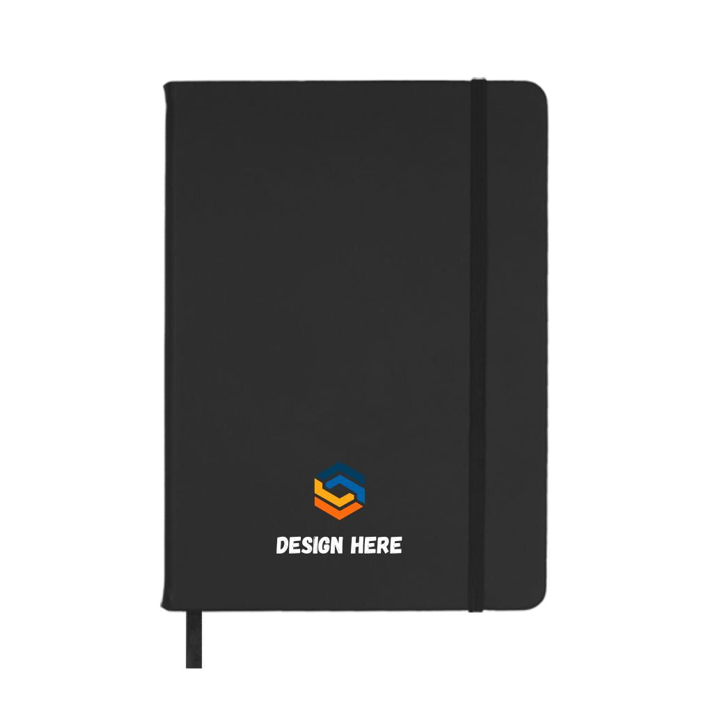 Black notebook with customizable design area on a white background