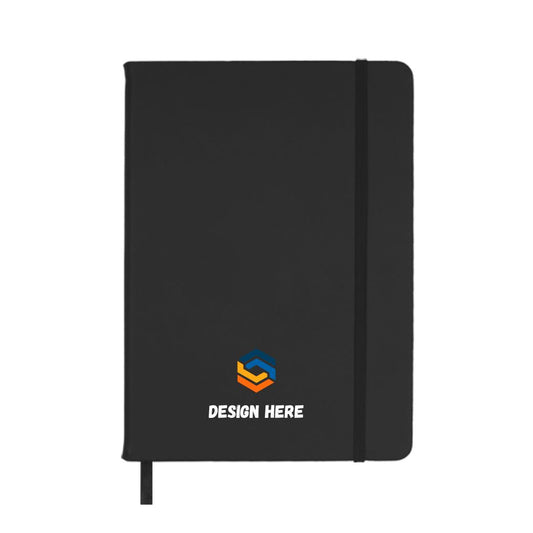 Black notebook with customizable design area on a white background