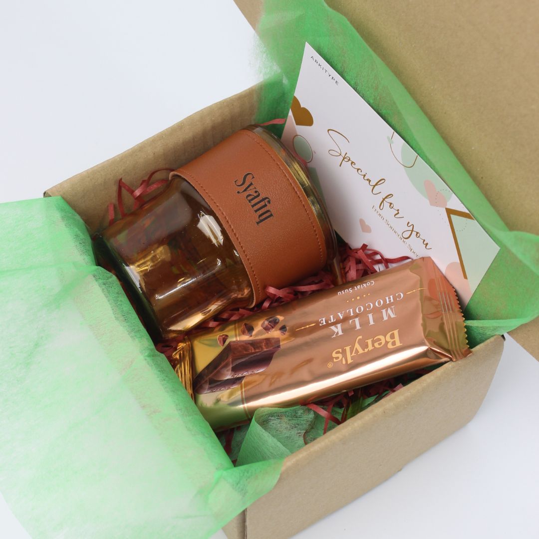 Personalised Gift Set Glass jar with leather and Chocolate