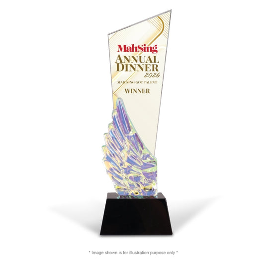 custom crystal award Malaysia Crystal award with Mah Sing logo and text on a white background