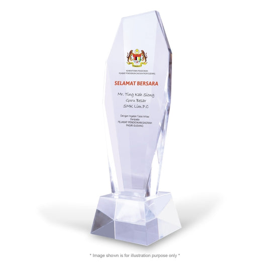 Throphy Award Malaysia Spplier Clear crystal award with text and logo on a white background