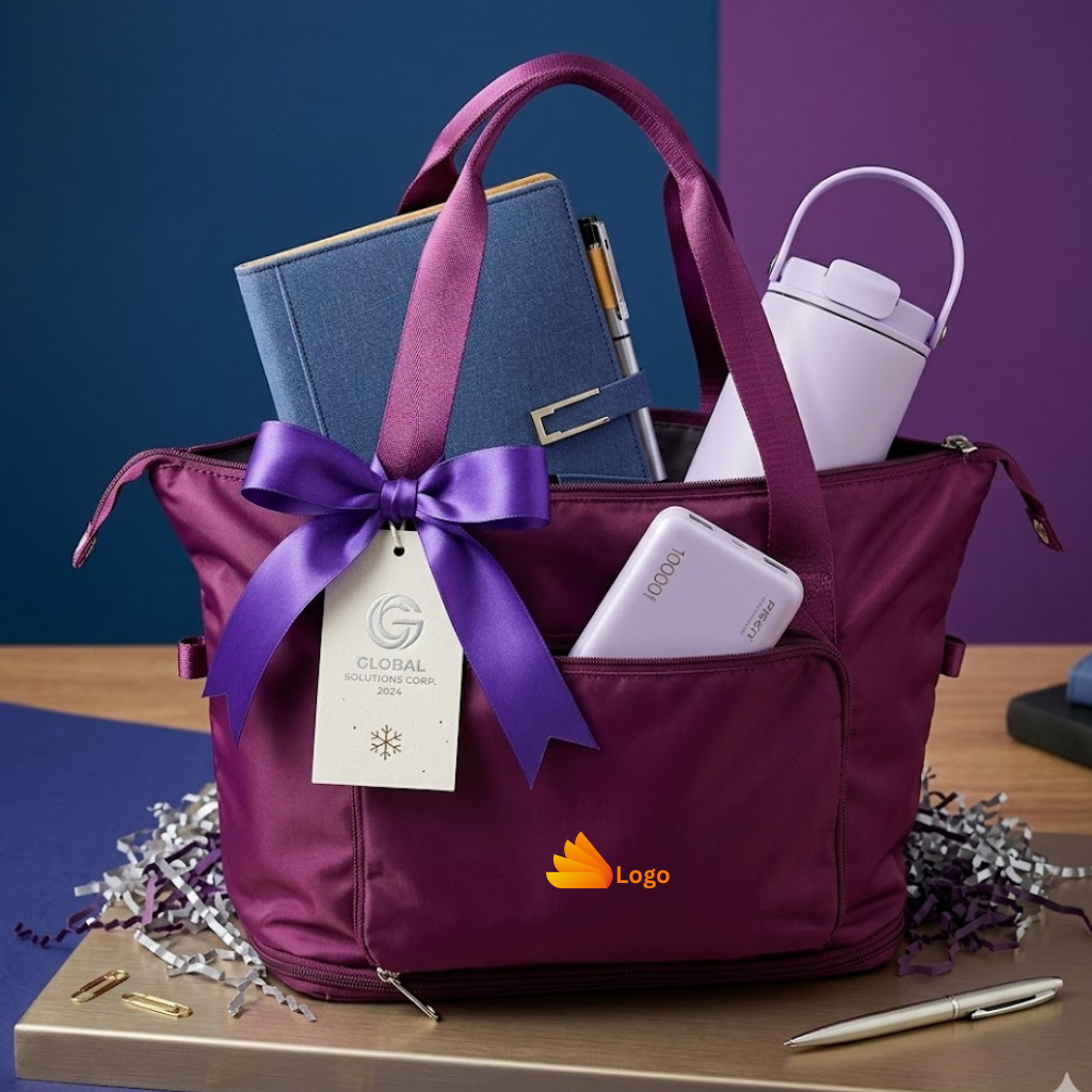 Corporate Gift Set 20261  Purple bag with a bow, notebook, pen, and phone on a wooden surface with a purple background