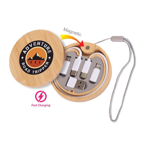 Corporate Gift Set Wooden charging kit with USB devices and magnetic feature, branded 'Adventure Road Tripper'.