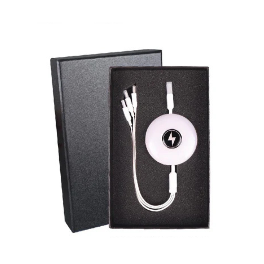 Corporate Gifts for Employees White charging cable with a black logo in a black box on a white background