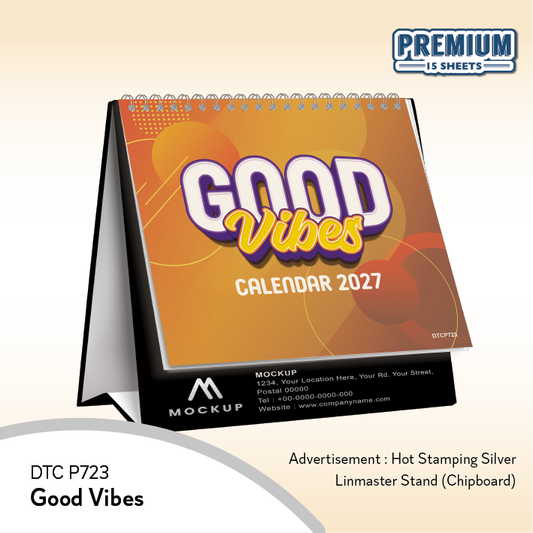 A 2027 desk calendar shown standing on its black metal base against a light beige gradient background. The calendar cover features a warm orange and yellow abstract design with the words 'GOOD Vibes CALENDAR 2027' in large stylized lettering.