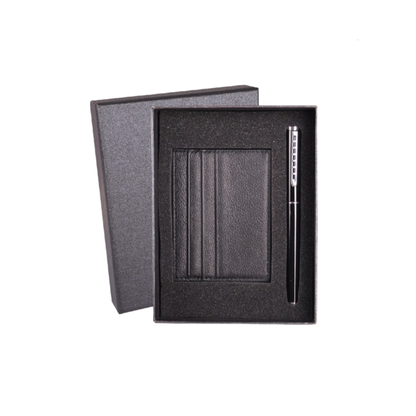 Corporate gift set Black Leather Card Holder with a metal pen inside on a gift box
