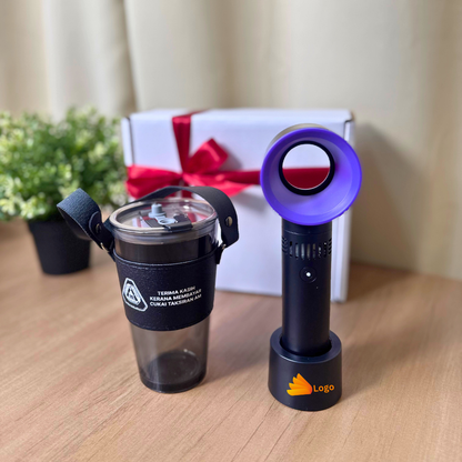 GS2026C18  Corporate Gift Set with glass tumbler, Mini Fan
