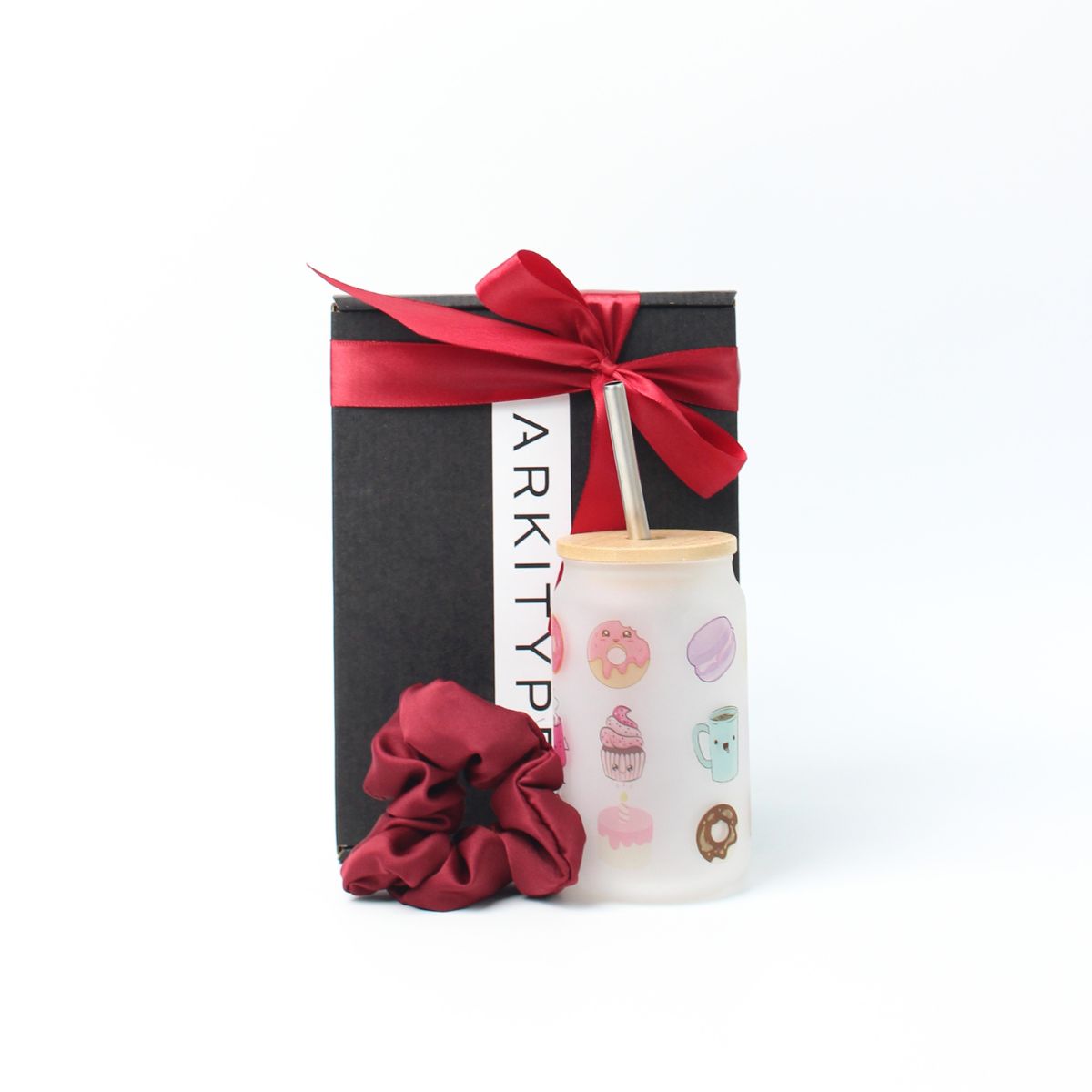 Personalised Gift Set Frosted Glass Can with scrunchies