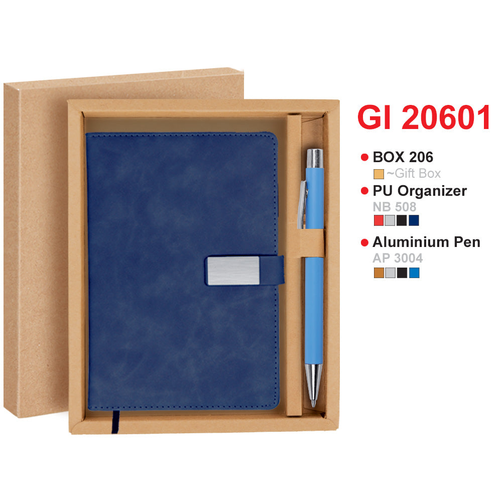Gift Set Blue PU organizer with pen in a box, featuring product details on a white background.