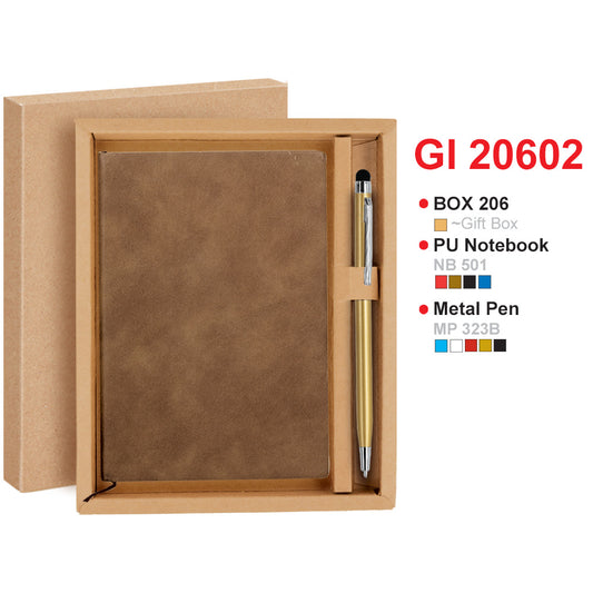 Brown PU notebook with metal pen in a gift box, labeled GI 20602.