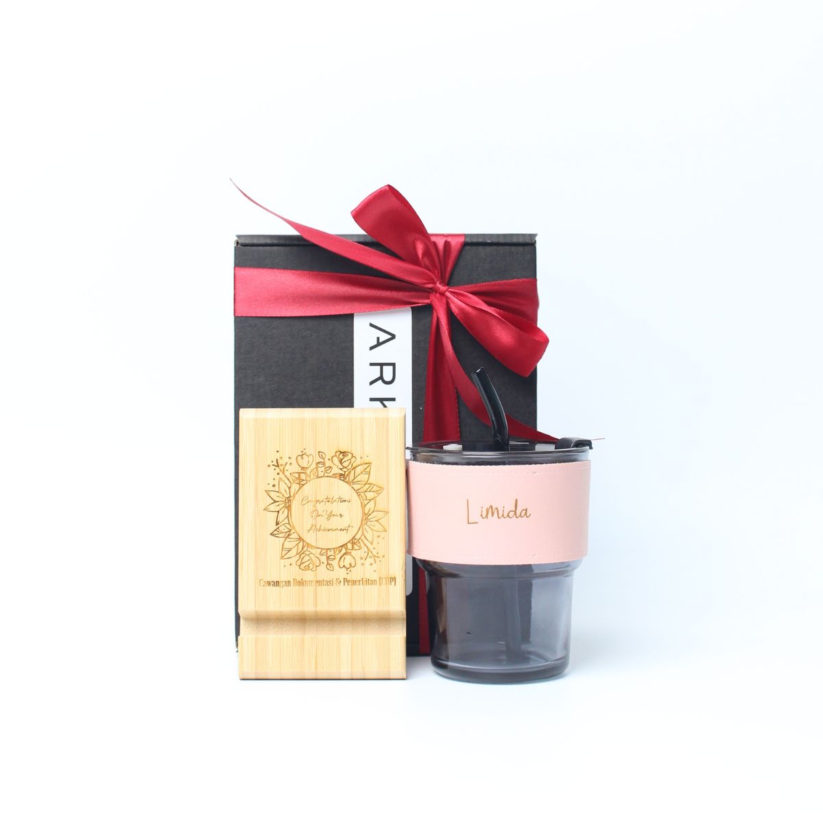 Personalised Gift Set Glass jar with leather and Wooden Stand Phone