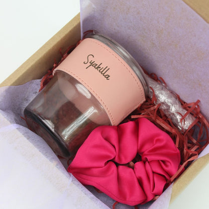 Personalised Glass jar with leather with scrunchies