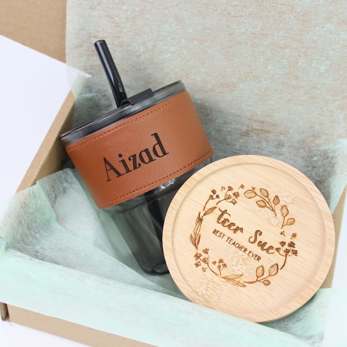 Personalised Gift Set Glass jar with leather and Coaster