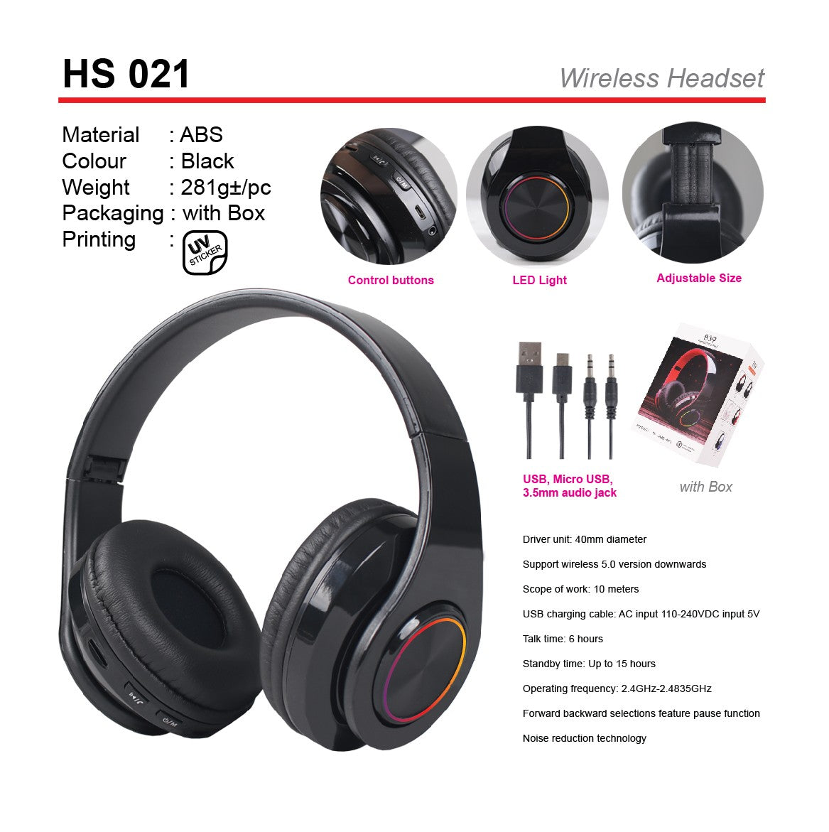 HS 021 Wireless Headset
 Black  with specifications on a white background