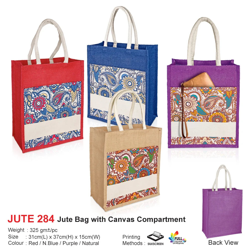 JUTE284 Jute Bag with Canvas Compartment