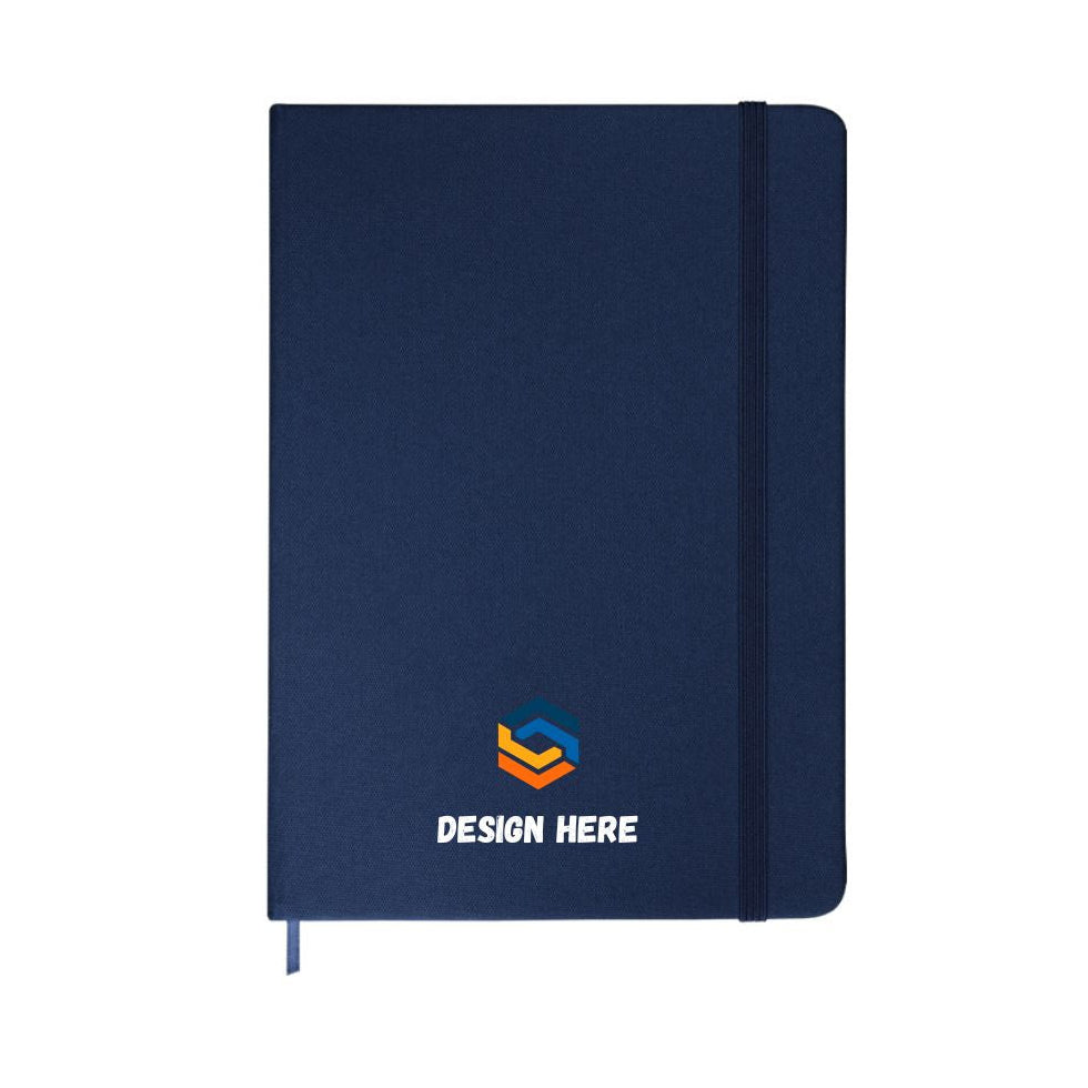 Navy blue notebook with a logo and 'Design Here' text on a white background