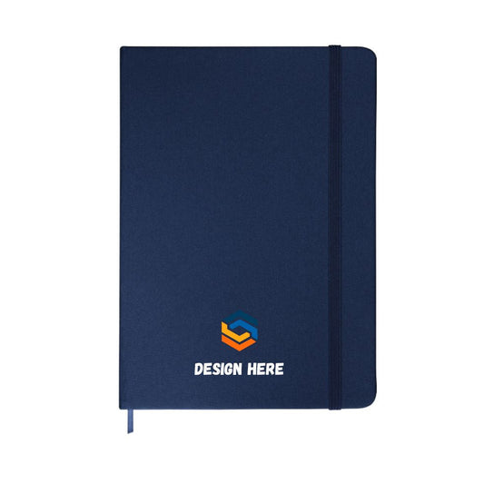 Navy blue notebook with a logo and 'Design Here' text on a white background
