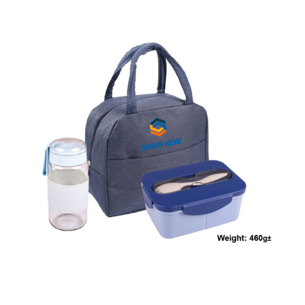 Gift set ideas for employees Blue insulated lunch bag with a water bottle and food container on a white background