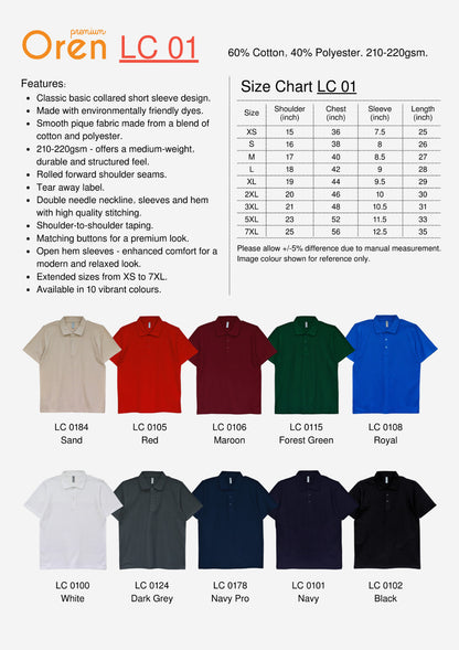 LC01 Tshirt Premium Polo Collar Unisex CVC Cotton
