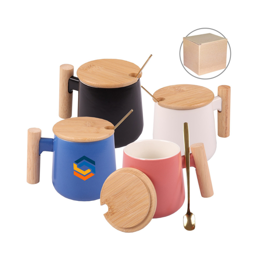 Set of colorful mugs with wooden lids and handles on a white background