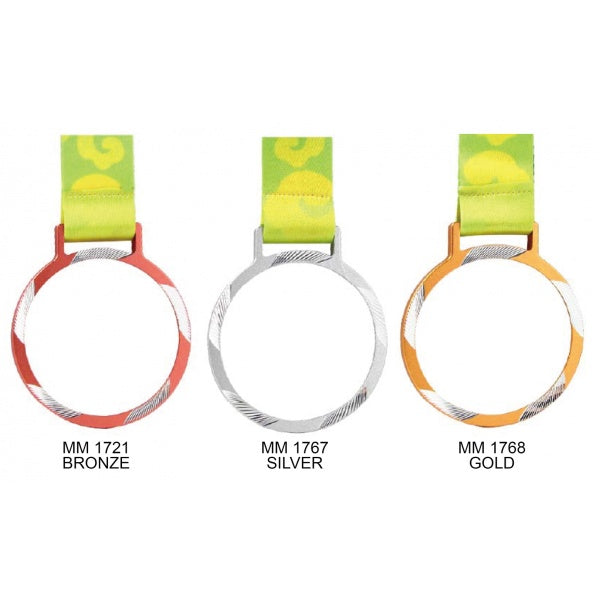 Three medal rings shown side by side on a white background, labeled MM 1721 BRONZE, MM 1767 SILVER, and MM 1768 GOLD, each with a green ribbon loop and a colored metal band in red, silver, and gold tones.