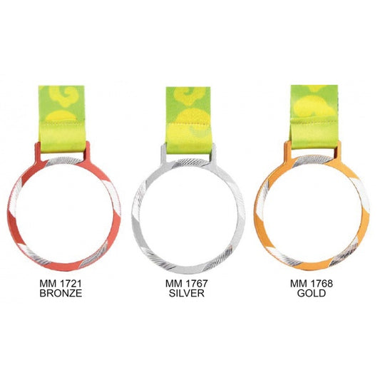 Three medal rings shown side by side on a white background, labeled MM 1721 BRONZE, MM 1767 SILVER, and MM 1768 GOLD, each with a green ribbon loop and a colored metal band in red, silver, and gold tones.