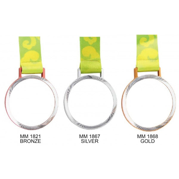 Three circular metal rings shown side by side on a white background, each with a bright green fabric loop and a small colored connector. Text below labels them MM 1821 BRONZE, MM 1867 SILVER, and MM 1868 GOLD.