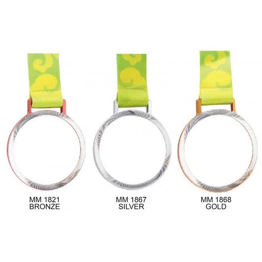 Three circular metal rings shown side by side on a white background, each with a bright green fabric loop and a small colored connector. Text below labels them MM 1821 BRONZE, MM 1867 SILVER, and MM 1868 GOLD.
