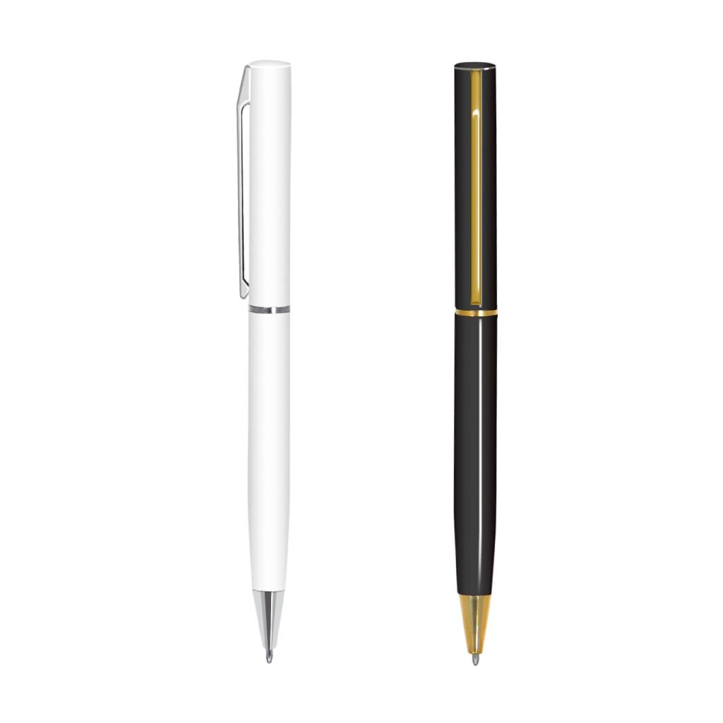 White pen and black pen with gold accents on a white background for corporate gift and pen supplier