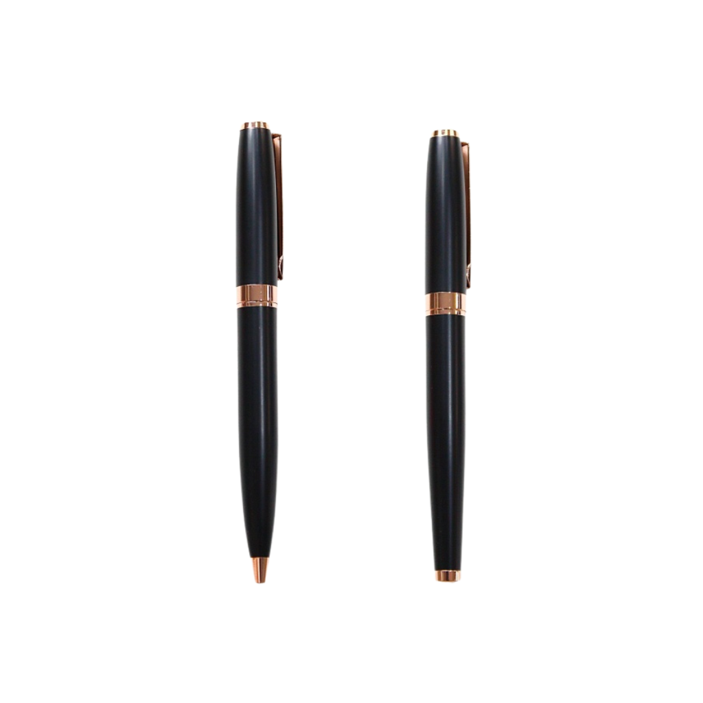 MP45 Metal pen | Two black pens with rose gold accents on a white background