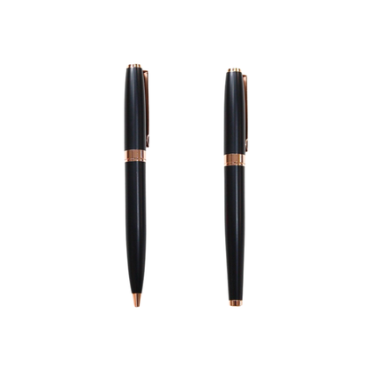 MP45 Metal pen | Two black pens with rose gold accents on a white background