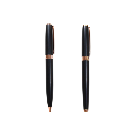 MP45 Metal pen | Two black pens with rose gold accents on a white background