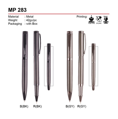 Metallic pen with different color options and specifications on a white background for corporate gift set 