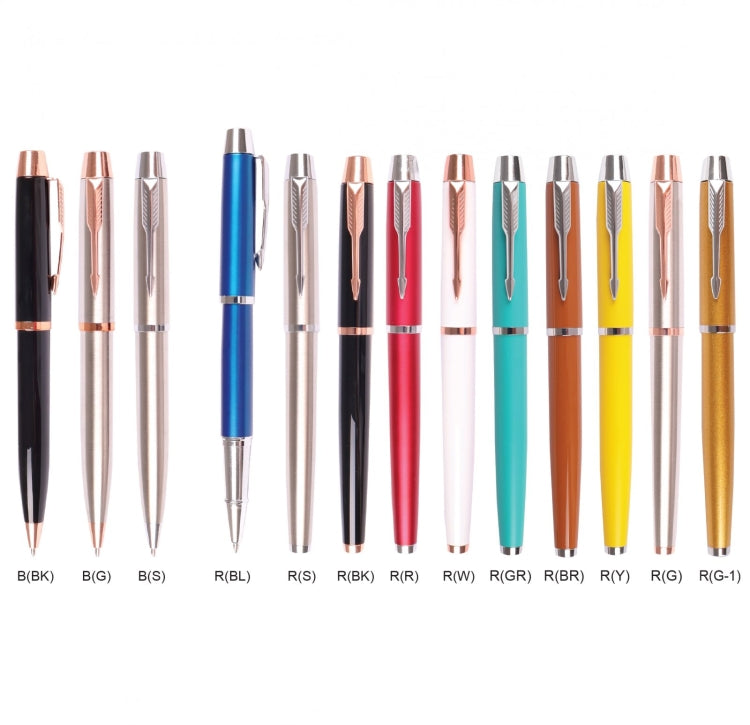 Set of colorful metal pens with metallic accents on a white background