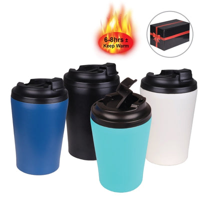 Drinkware for corporate order Four insulated travel mugs in blue, black, turquoise, and white with a flame graphic and gift box icon on a white background.